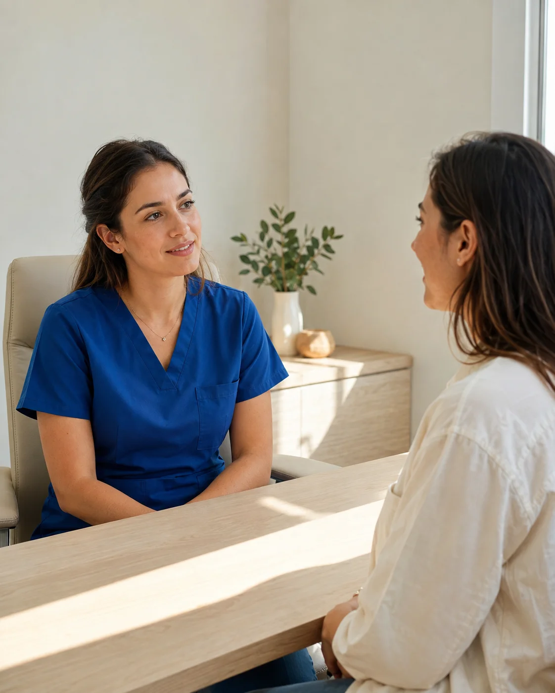 Conversa ilustrativa entre uma dentista e uma mulher em um consultório iluminado