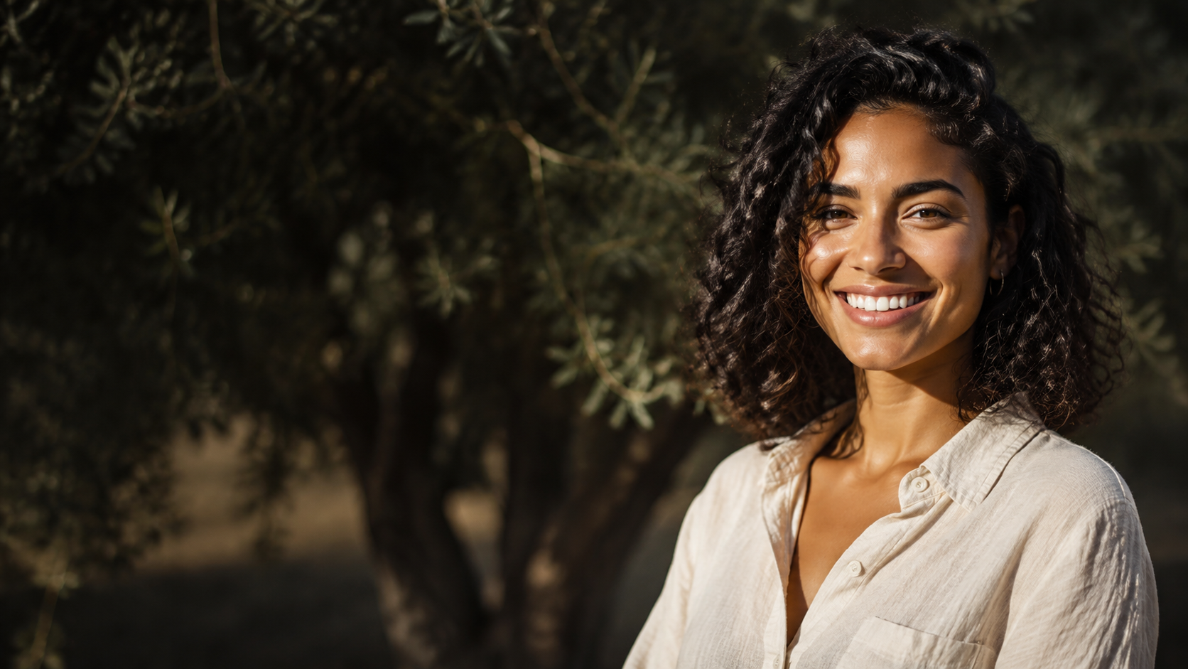 Retrato ilustrativo de uma mulher sorrindo ao ar livre, na luz de fim de tarde